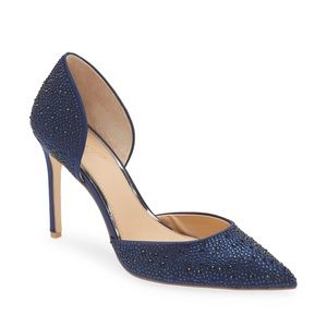 New Jewel Badgley Mischka Alexandra Rhinestone d'Orsay Pump, Navy Blue Heels, 8